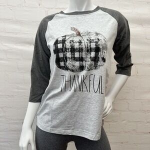 Thanksgiving Plaid pumpkin, Fall Halloween 3/4 sleeve Gray top size S